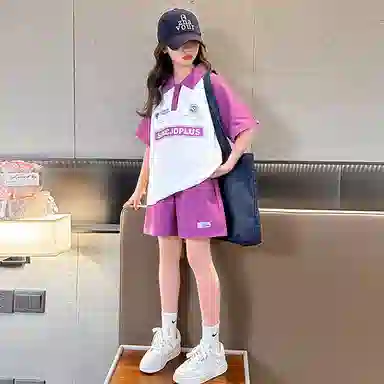 大童 蓝精灵 字母印花套头插肩短袖上衣松紧腰百搭短裤休闲运动套装 粉
