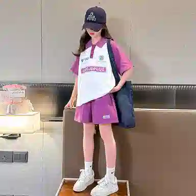 大童 蓝精灵 字母印花套头插肩短袖上衣松紧腰百搭短裤休闲运动套装 粉