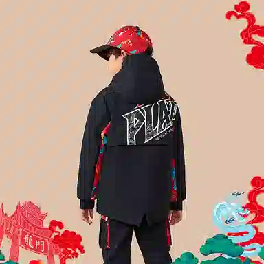 安踏儿童 新年款 初登龙门 拼色摇粒绒连帽运动保暖夹克 儿童款 梦幻黑