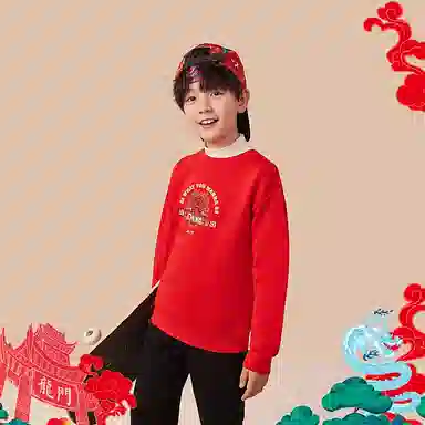 安踏儿童 新年款 初登龙门 圆领撞色卡通长袖卫衣 儿童款 新国旗红