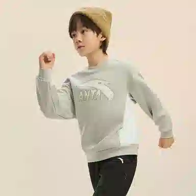 安踏儿童 简约字母圆领套头舒适百搭长袖卫衣 淡青灰 青少年