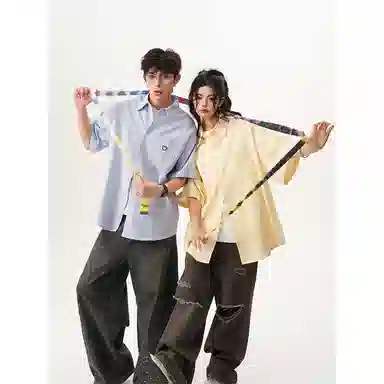行更远 美式笑脸刺绣半袖衬衣夏季潮牌宽松古巴领条纹休闲短袖衬衫 男女同款