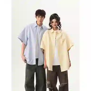 行更远 美式笑脸刺绣半袖衬衣夏季潮牌宽松古巴领条纹休闲短袖衬衫 男女同款