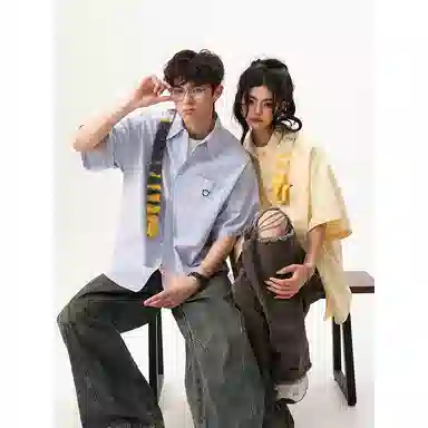 行更远 美式笑脸刺绣半袖衬衣夏季潮牌宽松古巴领条纹休闲短袖衬衫 男女同款