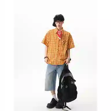 行更远 美式复古多巴胺黄色格子撞色衬衣高街痞帅慵懒风开衫学院风宽松百搭舒适垂感休闲短袖衬衫 男女同款
