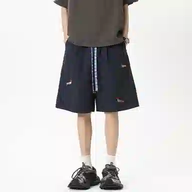 行更远 美式高街双腰头抽绳设计可爱腊肠狗刺绣五分裤户外运动骑行沙滩凉感透气宽松百搭慵懒舒适垂感日常通勤休闲短裤 男女同款