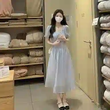 木清清 纯色高腰方领短袖连衣裙 女款 浅蓝色