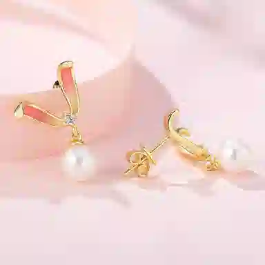 幸囍礼 萌趣小兔子耳朵 可爱法式甜美温柔 小清新气质百搭 淡水珍珠 耳钉 男女同款情侣款