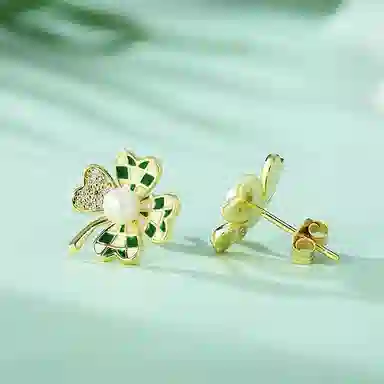 幸囍礼 棋盘格四叶草 爱心花卉文艺小清新小众设计耳饰 淡水珍珠 耳环 男女同款情侣款
