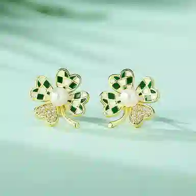 幸囍礼 棋盘格四叶草 爱心花卉文艺小清新小众设计耳饰 淡水珍珠 耳环 男女同款情侣款