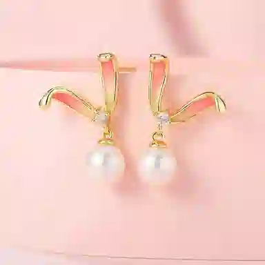幸囍礼 萌趣小兔子耳朵 可爱法式甜美温柔 小清新气质百搭 淡水珍珠 耳钉 男女同款情侣款