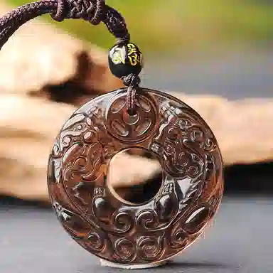 幸囍礼 国潮雕刻新中式招财转运貔平安扣吊坠 呈祥如意瑞兽玉佩挂坠 本命年优雅平安纳福 黑曜石 玉石项链 男女同款情侣款