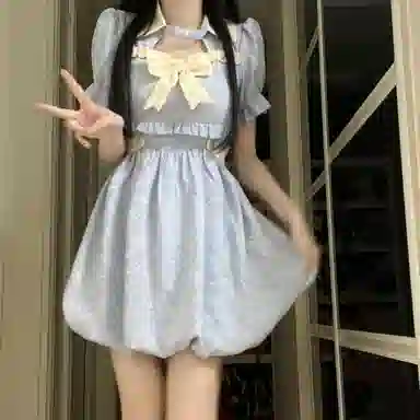 花山家的猫 收腰衬衫领拼色修身短款短袖连衣裙 女款 蓝色