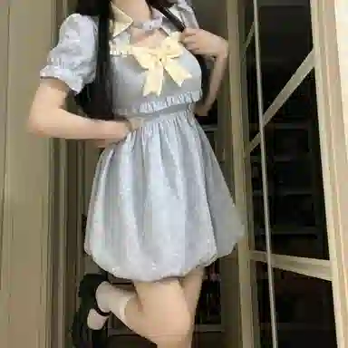 花山家的猫 收腰衬衫领拼色修身短款短袖连衣裙 女款 蓝色