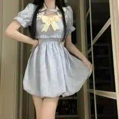 花山家的猫 收腰衬衫领拼色修身短款短袖连衣裙 女款 蓝色