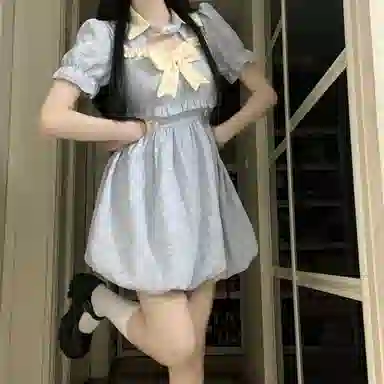 花山家的猫 收腰衬衫领拼色修身短款短袖连衣裙 女款 蓝色