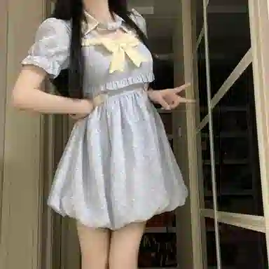 花山家的猫 收腰衬衫领拼色修身短款短袖连衣裙 女款 蓝色