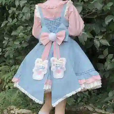 豹了个猫 梅花雪兔洛丽塔圆领中长款长袖连衣裙 蓝色