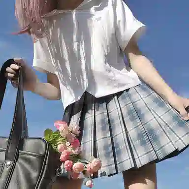 豹了个猫 格子短款高腰宽松百褶裙制服裙装