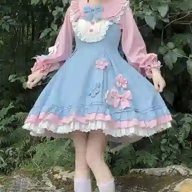 豹了个猫 梅花雪兔洛丽塔圆领中长款长袖连衣裙 蓝色