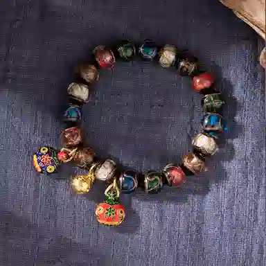 色菲尔 国潮招财串珠五彩吞金兽 新中式设计 好运连连上岸 琉璃 玉石手串 男女同款情侣款