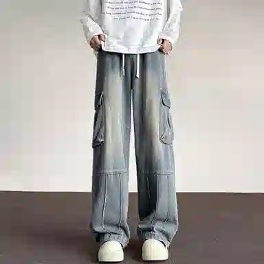 虫小绿 美式复古高街多口袋工装长裤 中腰显高 宽松阔腿 休闲垂感牛仔裤 男女同款