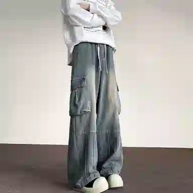 虫小绿 美式复古高街多口袋工装长裤 中腰显高 宽松阔腿 休闲垂感牛仔裤 男女同款