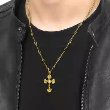 暖瞳 火焰纹十字架项链男士潮牌美式痞帅高级感吊坠#好运 钛钢 毛衣链 男女同款情侣款