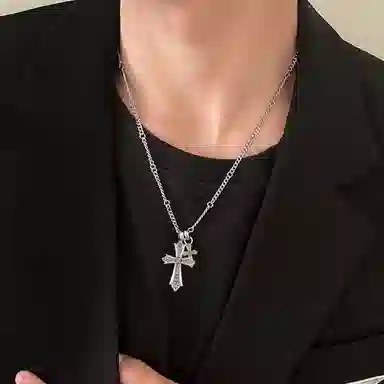 暖瞳 双十字架项链男生潮流嘻哈简约百搭高级感独特设计叠戴毛衣链#好运 钛钢 吊坠 男女同款情侣款