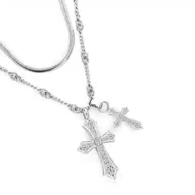 暖瞳 双十字架项链男生潮流嘻哈简约百搭高级感独特设计叠戴毛衣链#好运 钛钢 吊坠 男女同款情侣款