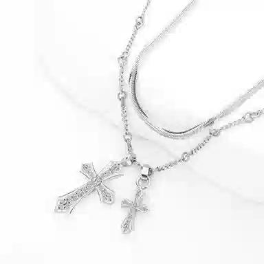 暖瞳 双十字架项链男生潮流嘻哈简约百搭高级感独特设计叠戴毛衣链#好运 钛钢 吊坠 男女同款情侣款