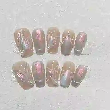 几多萌 【梦幻鱼尾】 手工可拆卸美甲  穿戴甲 短梯粉色晕染 纯欲 可拆卸