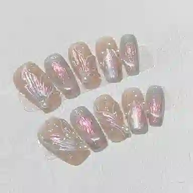 几多萌 【梦幻鱼尾】 手工可拆卸美甲  穿戴甲 短梯粉色晕染 纯欲 可拆卸