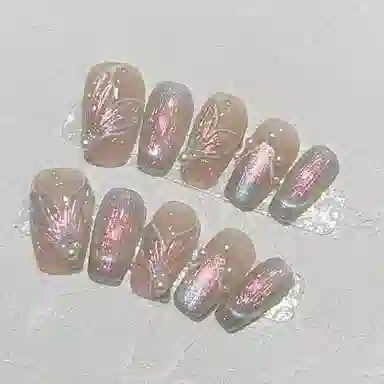 几多萌 【梦幻鱼尾】 手工可拆卸美甲  穿戴甲 短梯粉色晕染 纯欲 可拆卸