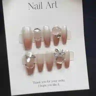 几多萌 纯手工  穿戴甲 梯型长款透色裸色 细闪 极光魔镜粉纯欲风仙女爆闪