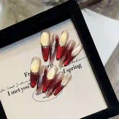 几多萌 手工穿戴甲  杏仁红色晕染