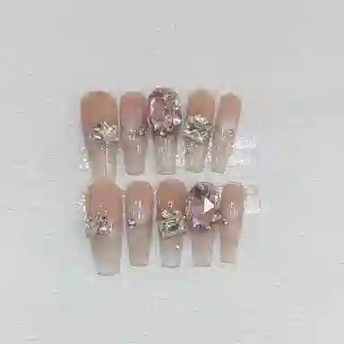 几多萌 温柔甜心清透爆闪钻  穿戴甲 梯型长款粉色纯色 纯欲 重复可拆卸