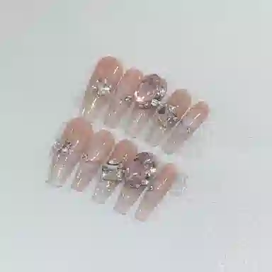 几多萌 温柔甜心清透爆闪钻  穿戴甲 梯型长款粉色纯色 纯欲 重复可拆卸