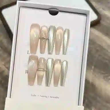 几多萌 春夏 款穿戴甲高级感裸色简约猫眼魔镜粉美甲贴可拆卸甲片  长方裸色裸色 法式