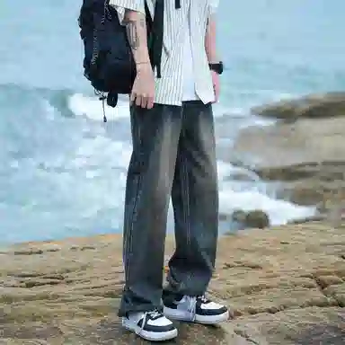轻迎 高街潮流美式复古宽松直筒水洗做旧休闲风牛仔裤 男女同款