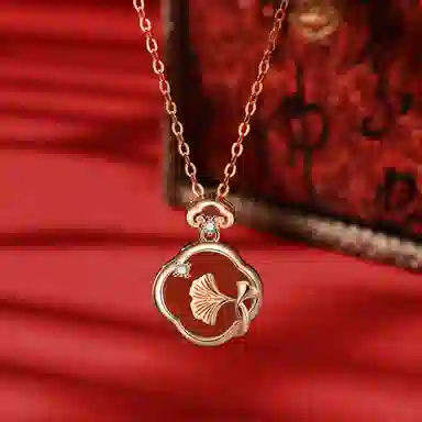 恋朵 国风新中式 新年红 三生有幸 四叶草 杏叶 纯银锁骨链 #好运 玛瑙 项链 女款