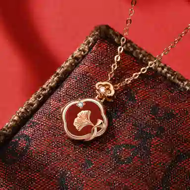 恋朵 国风新中式 新年红 三生有幸 四叶草 杏叶 纯银锁骨链 #好运 玛瑙 项链 女款