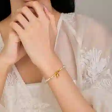 周大生 步步高升足金镶珍珠竹节竹叶串珠链小众新中式手饰 黄金 一口价 手串 女款