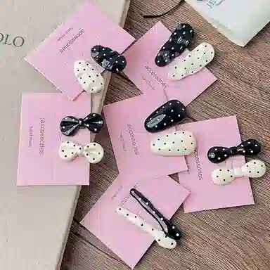 贯古今 复古黑白波点蝴蝶结气质 鸭嘴夹碎发刘海夹侧边边夹发饰品 合金 发夹 女