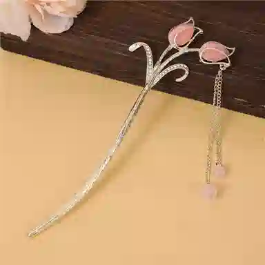 贯古今 猫眼发饰小清新郁金香气质森系简约金属发钗盘子流苏头饰 合金 发簪 女款