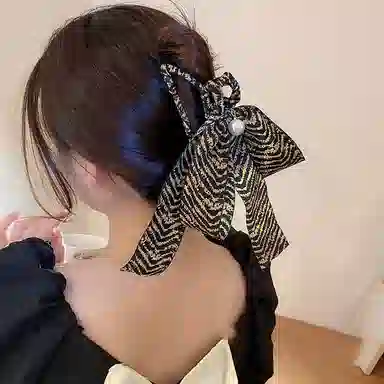 贯古今 高级感条纹蝴蝶结飘带后脑勺盘发鲨鱼夹 合金 发夹 女款