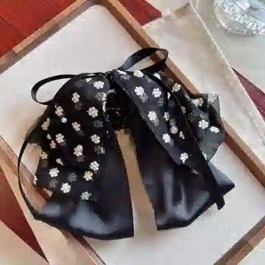 贯古今 高级感缎面蝴蝶结花朵抓夹高马尾黑色飘带发卡后脑勺顶夹发饰 亚克力 发夹 女款