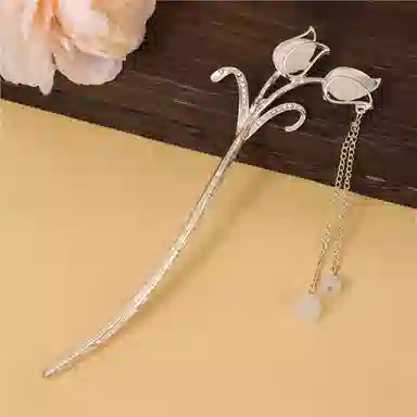 贯古今 猫眼发饰小清新郁金香气质森系简约金属发钗盘子流苏头饰 合金 发簪 女款