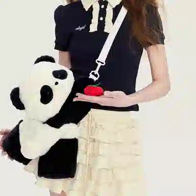 抱竹 古力古力 熊猫趴趴玩偶系列 可爱零钱包 毛绒 斜挎包 常规 男女同款情侣款 黑白