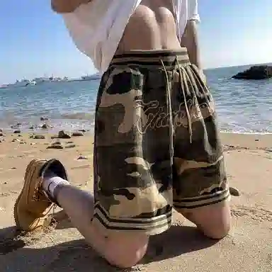 轻迎 直筒系带美式复古舒适百搭宽松五分裤时尚休闲短裤 男女同款 经典迷彩风格